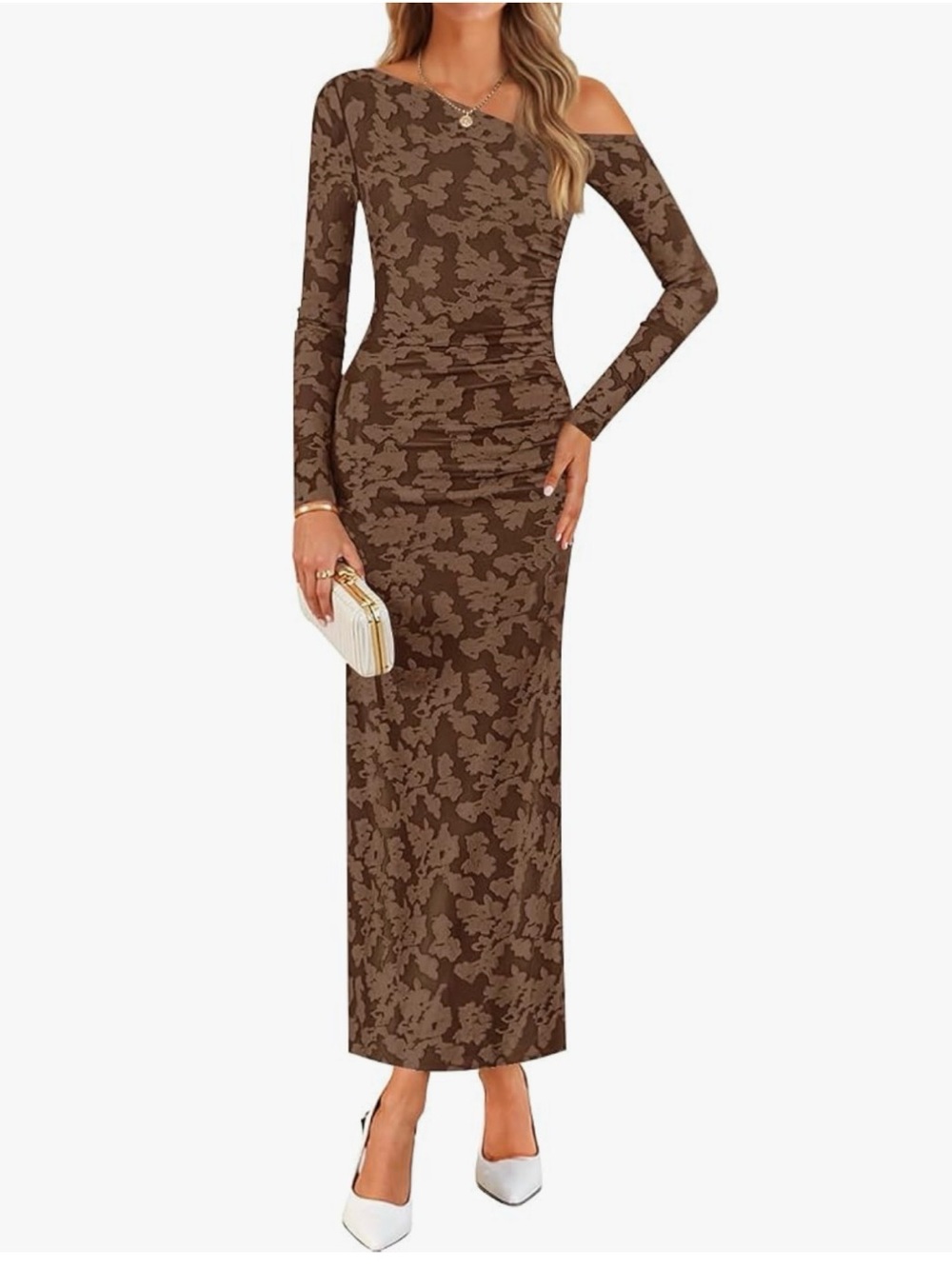 Women's One-Shoulder Long Sleeve Floral Maxi Dress - Brown